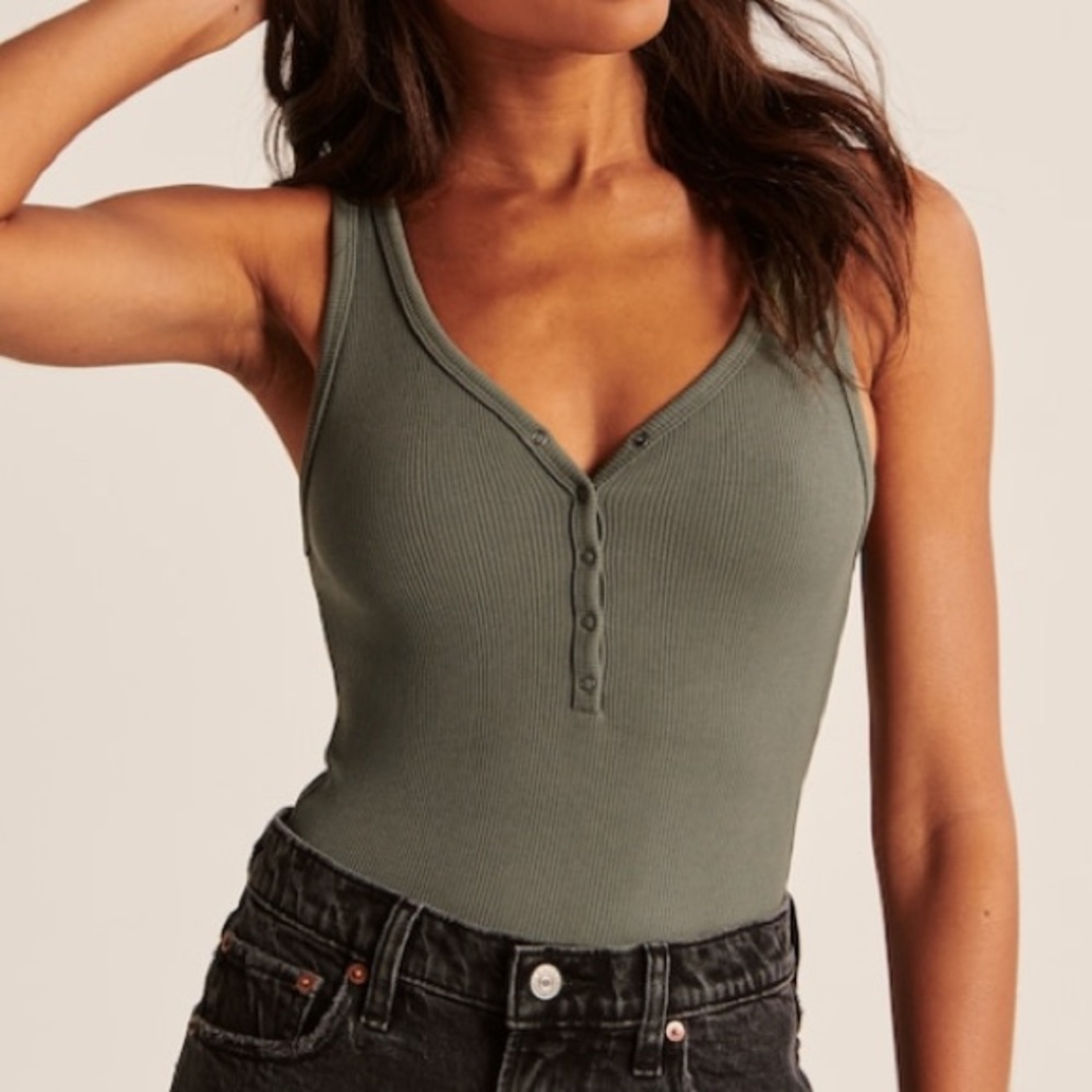 NWT - A&F - Seamless Ribbed Henley Bodysuit - Olive Green - Sz XL